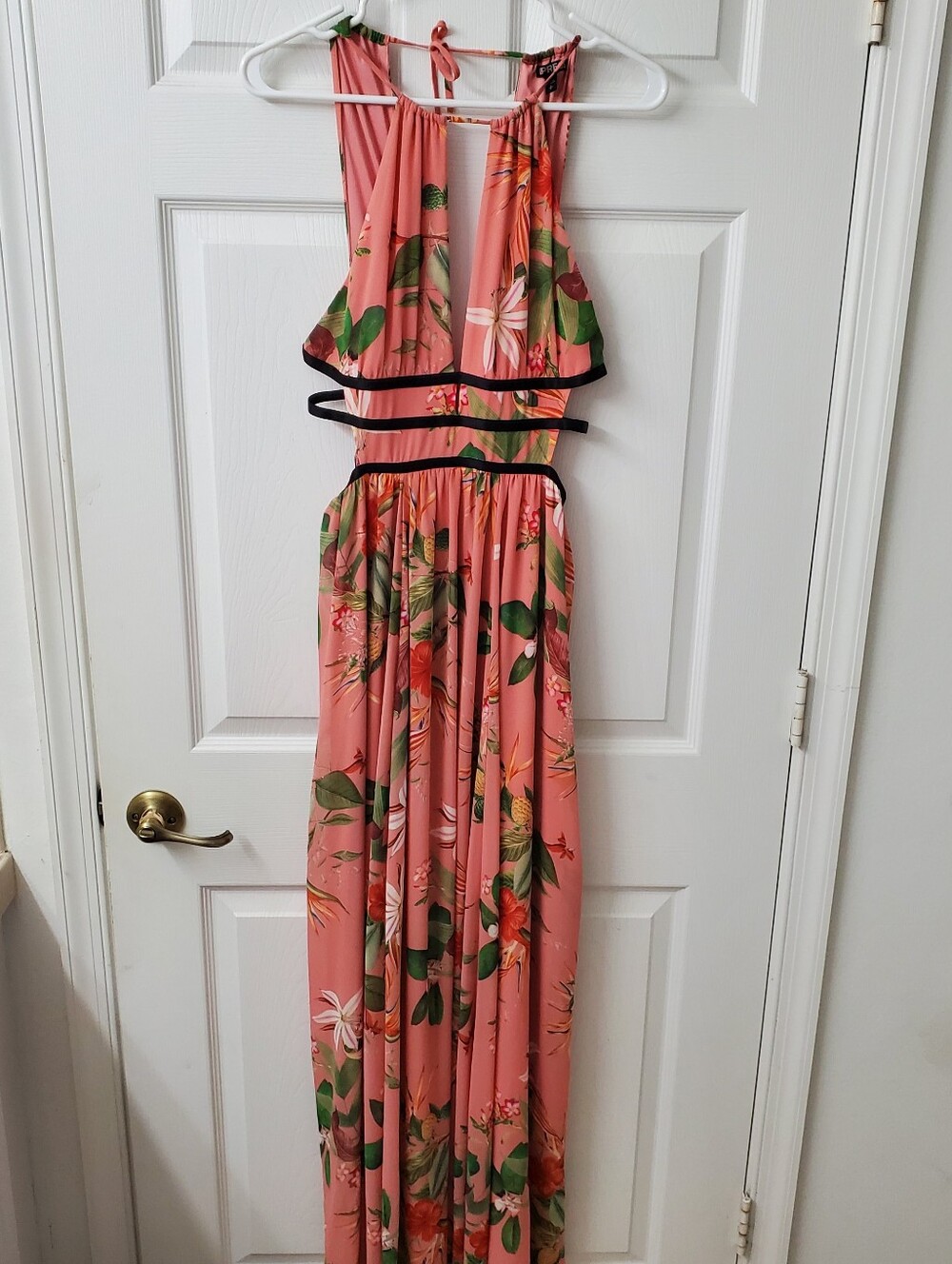 Express Pink Floral Halter Maxi Dress with Black Cut Out Waist Straps - Picture 2 of 8